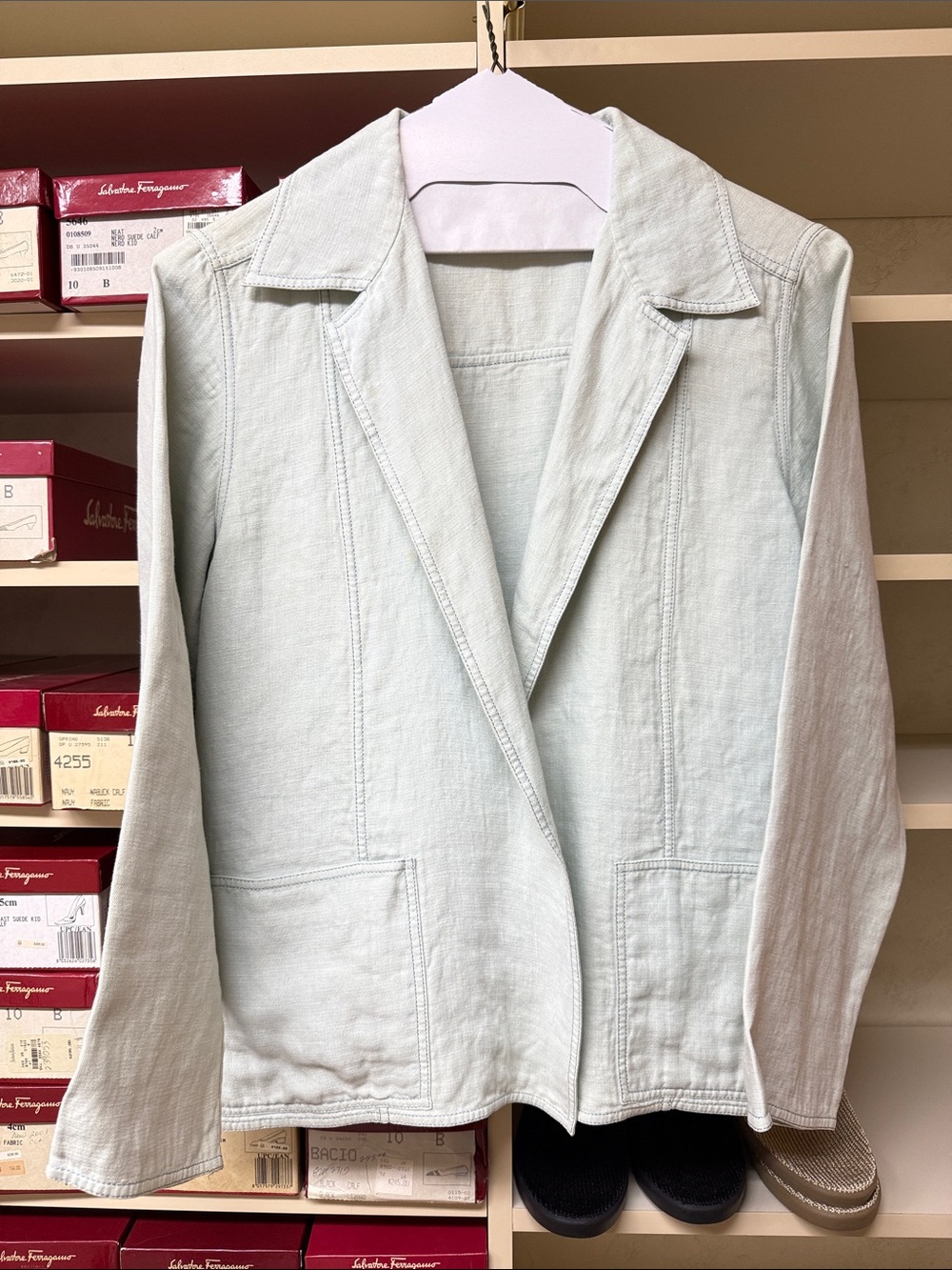 Ellen Tracy seafoam Blazer open front linen jacket